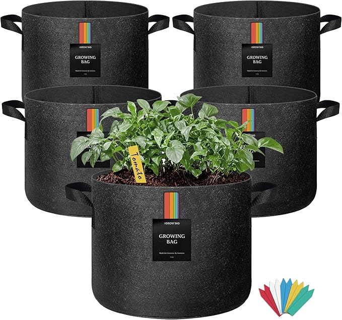 The Growing 5 Pack 5 Gallon Fabric Grow Bags,Thickened Aeration Nonwoven Fabric Plant Pots with Durable Handles,Heavy Duty 300G Planter Pot for Tomato, Fruits, Vegetables and Flowers, Black