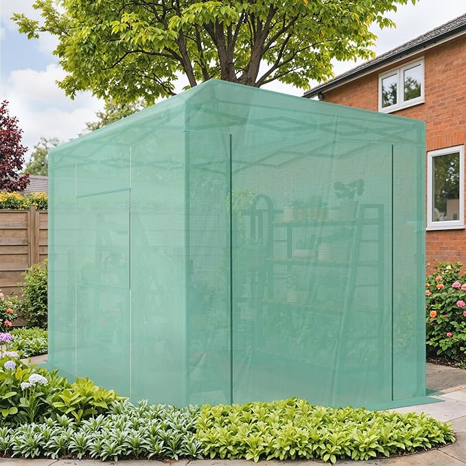 Devoko Walk-in Greenhouse, Instant Pop Up Green House for Outdoors with Zippered Door and 2 Roll-up Windows, PE Cover, Portable and Easy Assemble (Green, 8x6 Feet)