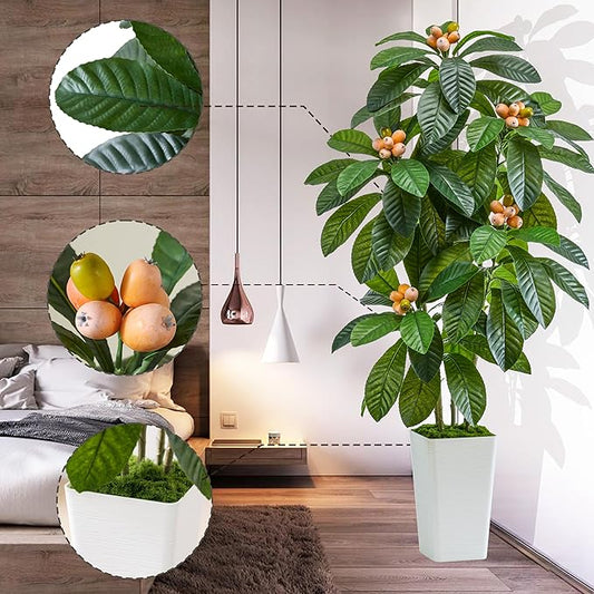 Artificial Loquat Tree 5FT Japanese Medlar Tropical Fruiting Tree Tall Artificial Plants Indoor-Loquat Tree Large Fruiting Silk Tree for Home Office Living Room Decor Indoor (White Tall Planter)