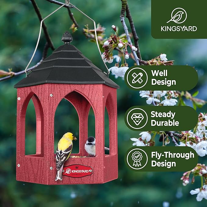 Kingsyard Platform Bird Feeder for Outdoor Hanging - Gazebo Style Recycled Plastic Wild Bird Feeding Station with Rain-Proof Roof & Metal Mesh Tray. Red