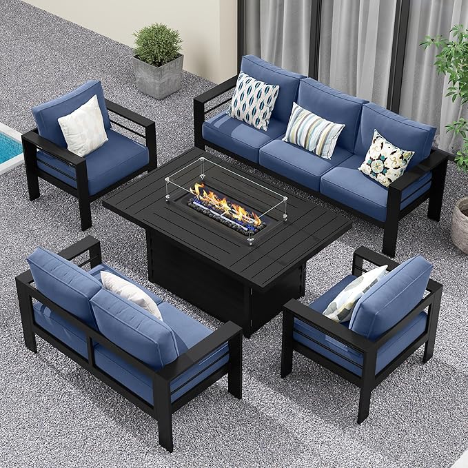 Solaste Aluminum Patio Furniture Set with Fire Pit Table, 5 Piece Metal Outdoor Furniture with Water-Resistant Cushions, Modern Patio Conversation Set for Balcony, Front Porch, and Backyard, Blue