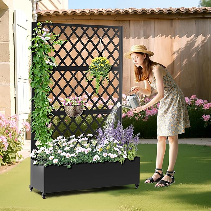 Metal Planter Box with Trellis, Heavy-Duty Raised Garden Bed for Climbing Plants, Drainage Hole, Outdoor Planter Box with Privacy Screen,47''L×16''W×71''H