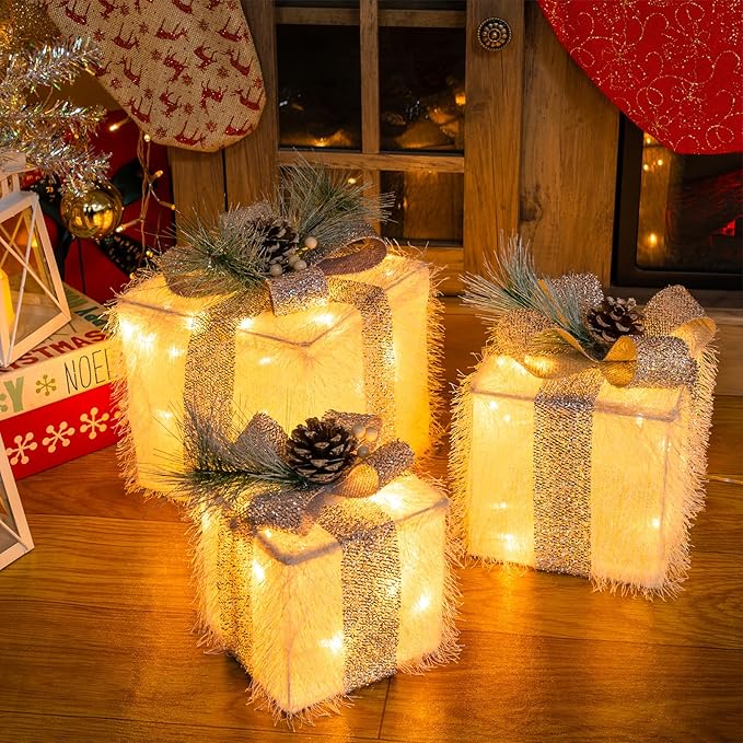 Set of 3 Christmas Lighted Gift Boxes, 60 LED Light Up Present Boxes for Christmas Decorations Indoor Outdoor Yard Xmas Tree Holiday Party Lawn Porch Home Decor (White)