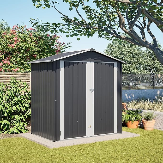 4×6 Ft Metal Outdoor Storage Shed with Floor Base, 0.25mm Galvanized Steel Metal Garden Shed Waterproof with Lockable Door for Backyard, Patio, Garden, Dark Grey