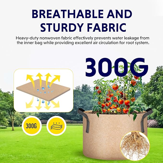 iPower 5-Pack 25 Gallon Plant Grow Bags Thickened Nonwoven Aeration Fabric Pots Heavy Duty Durable Container, Strap Handles for Garden, Tan New