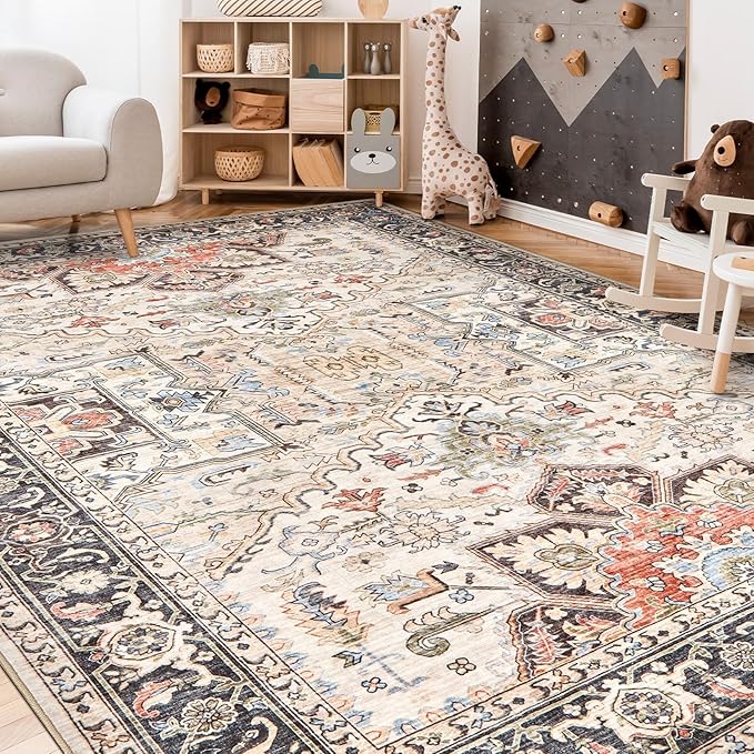 10x14 Area Rugs for Living Room - Large Carpet Ultra Thin Soft Washable Oriental Vintage Floral Distressed Rug Big Indoor Carpets for Bedroom Nursery Dorm Home Decor Aesthetic - Multi