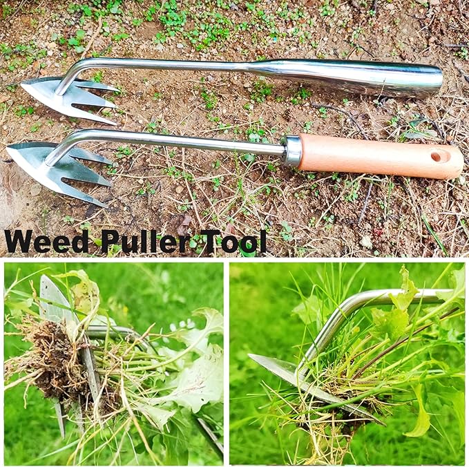 Gardening Weeding Pulling Tool,2pcs New Weeding Artifact Uprooting Weeding Tool,Stainless Steel Garden Weed Puller Tool,Garden Weeder Tool with Gloves for Backyard(13.8+12.6 inch)
