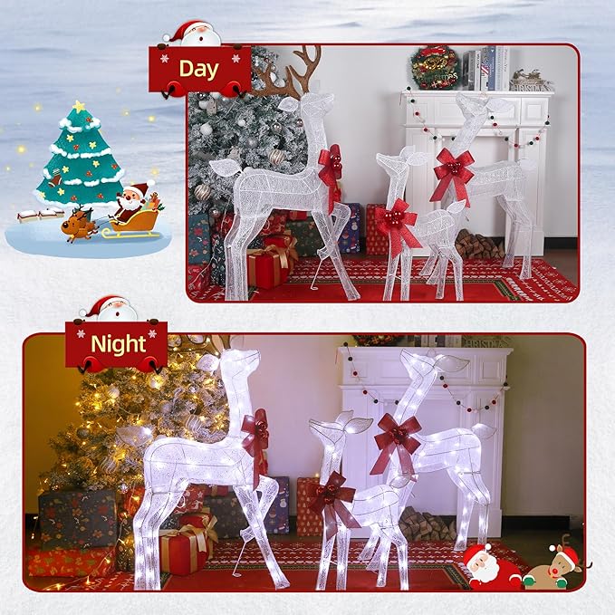 3D Reindeer Family Christmas Decor Set 4.5Ft Lighted Christmas Reindeer/Deer Family Set Outdoor Christmas Yard Decorations with Stakes & Zip Ties for Holiday Lawn Patio Party