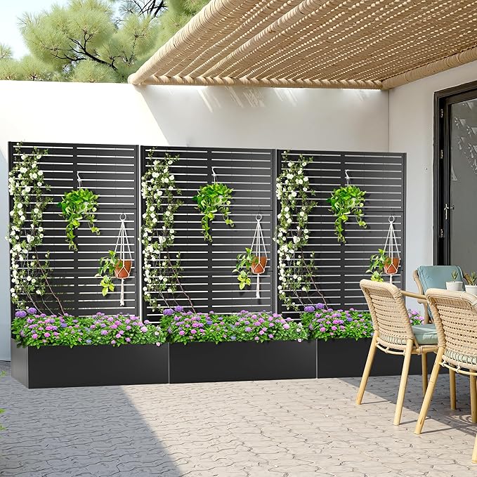 Metal Planter Box with Trellis, Heavy-Duty Raised Garden Bed for Climbing Plants, Drainage Hole, Outdoor Planter Box with Privacy Screen,47''L×16''W×71''H