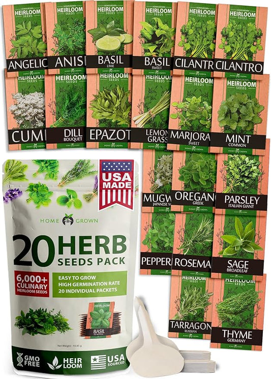 HOME GROWN 20 Culinary Herb Seed Vault - Heirloom and Non GMO - Seeds for Planting for Indoor or Outdoor Herbs Garden, Basil, Cilantro, Parsley, Chives, Lavender, Dill, Marjoram, Mint, Rosemary, Thyme