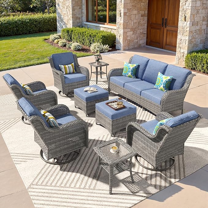 ovios 9 Pieces Patio Furniture Set, Outdoor Wicker Sofa Couch with Swivel Chairs Ottomans Comfy Cushions, High Back All Weather Modern Conversation Sets, Grey Rattan, Denim Blue