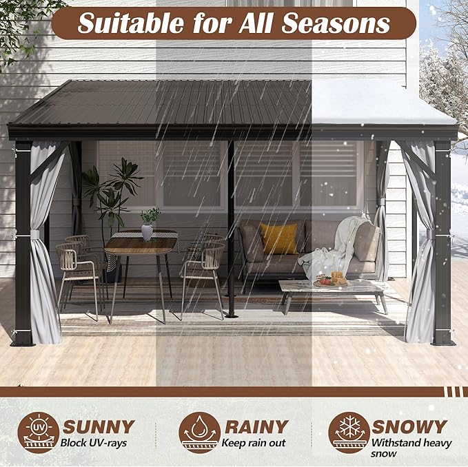 12' x 14' Hardtop Wall Mounted Gazebo, Lean to Gazebo with Galvanized Steel Roof Aluminum Frame Wall Gazebos Pergola with Netting&Curtains for Outdoor, Backyard, Patio