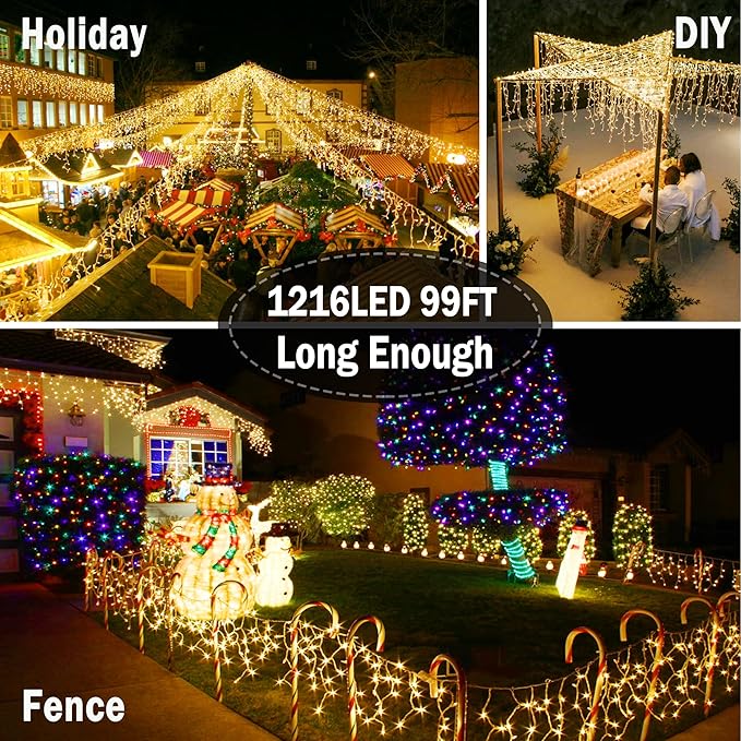 KNONEW 99ft 1216 LED Christmas Lights Outdoor Decorations with 228 Drops, 8 Modes Curtain Fairy String Light, Clear Wire LED String Light Indoor Decor for Wedding Party Christmas