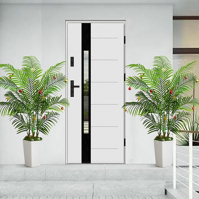 Artificial Palm Tree Artificial Silk Plant Fake Tree with White Tall Planter Faux Tropical Areca Floor Plant in Pot (1, White Tall Planter, 5 FT)
