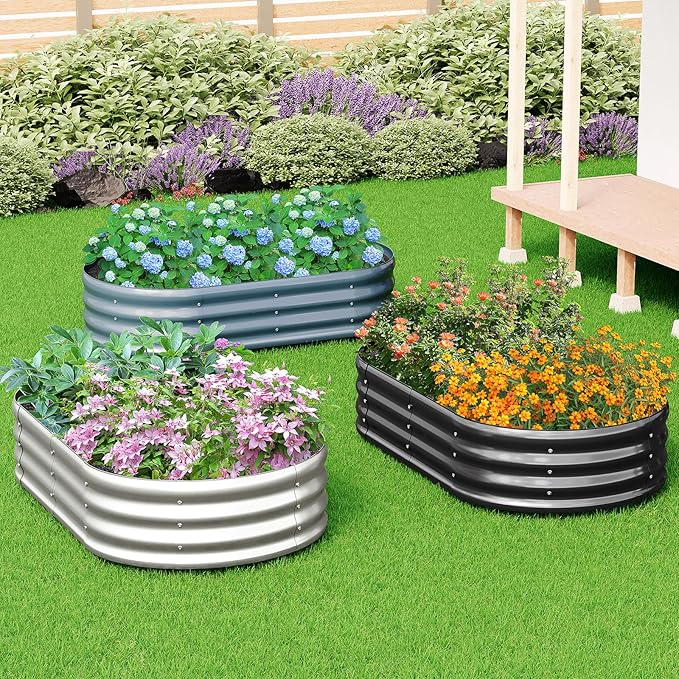 zizin Galvanized Raised Garden Bed Metal Oval Raised Garden Beds Outdoor Planter Box for Vegetables (8x2x1FT, Silver)