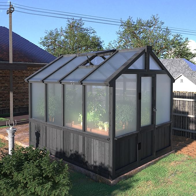 6x8 FT Greenhouse Kit for Outdoor, Thickened Polycarbonate Panel Wooden Walk-in Green House with Lockable Door and Adjustable Roof Vent, Backyard Garden, Black