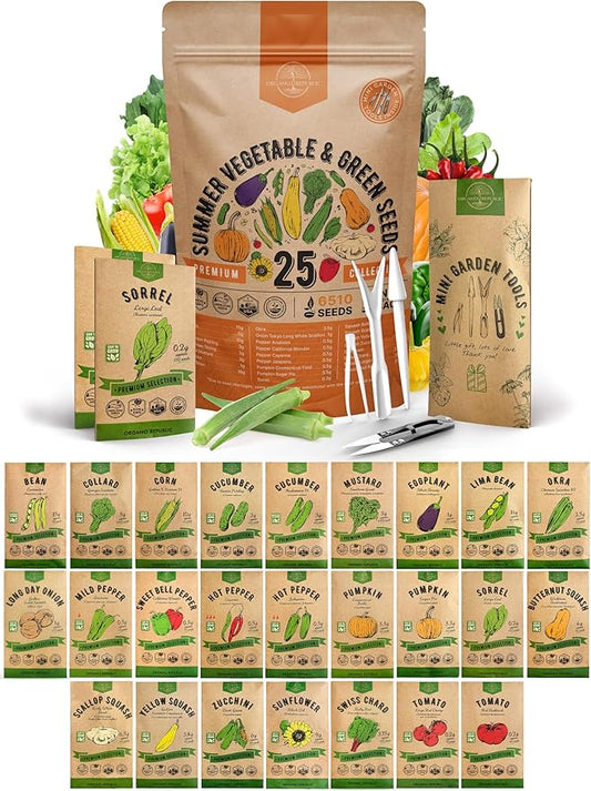 25 Summer Vegetable Garden Seed Variety Pack - 6,510+ Non-GMO Heirloom Veggie & Greens Seeds for Outdoors and Indoor Home Gardening, Including Collards, Tomato, Pepper, Okra, Onion, Bean, Cucumber