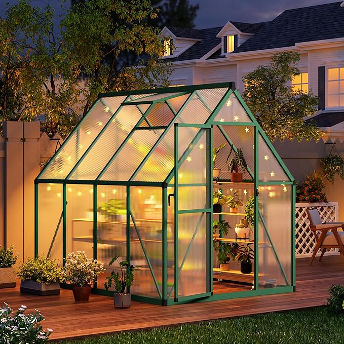 6x7 FT Outdoor Greenhouse, Polycarbonate Greenhouse with Roof Vent and Ground Nails, Aluminum Large Walk-in Green House w/ Lockable Push Door for Outside Garden Backyard (Green, 6x7 FT)