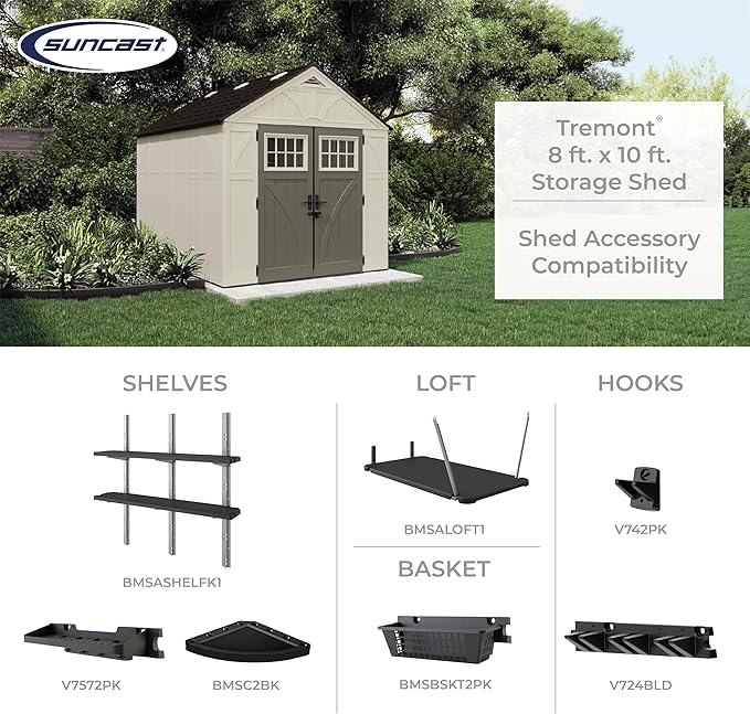 Suncast 8x10 Ft. Outdoor Storage Shed - Large Resin Outdoor Shed with Floor Included, Lockable Double Doors & Skylights. 547 Cu Ft Tremont Garden Plastic Sheds for Lawn Tools, Riding Mowers, & Bikes