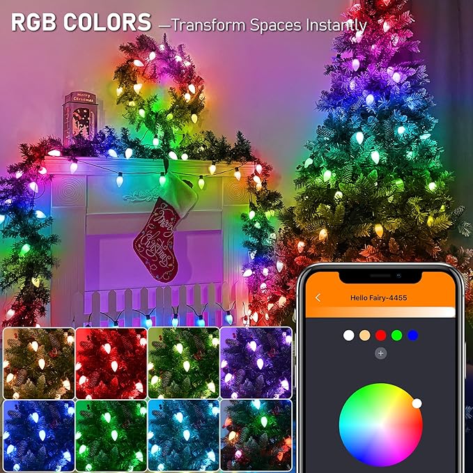 Smart C9 LED Christmas Lights Outdoor, 66FT 100 LED Vintage RGB String Lights with Bluetooth App Control, Music Sync, 105 Modes, IP65 Waterproof for Christmas, Party, Garden, Patio, Commercial Decor