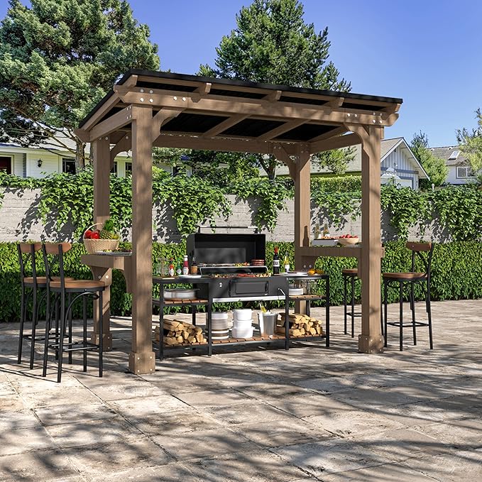 8 x 5 FT Wooden Grill Gazebo with Sloping Metal roof, 2 Full Size Grills, BBQ Canopy for Outdoor Patio, Lawn, Garden, Light Mocha Brown