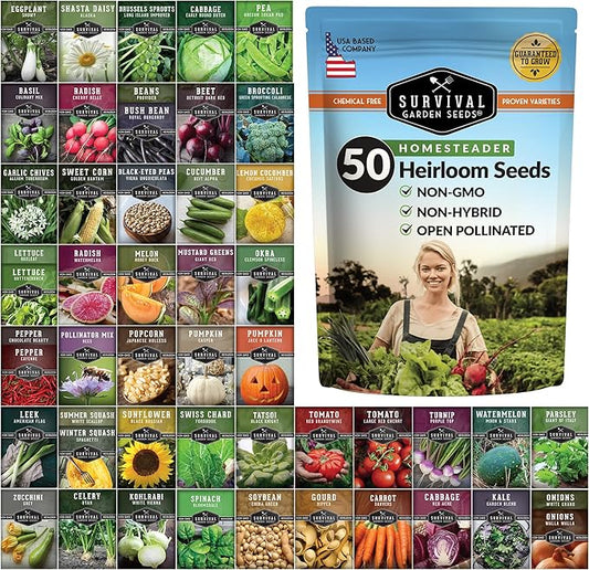 Survival Garden Seeds Homesteader Collection - 50 Packs Non-GMO Heirloom Vegetable, Fruit, Herb Seed Varieties for Growing a Victory Garden - Plant & Grow Survival Food - Emergency Preparedness Gear