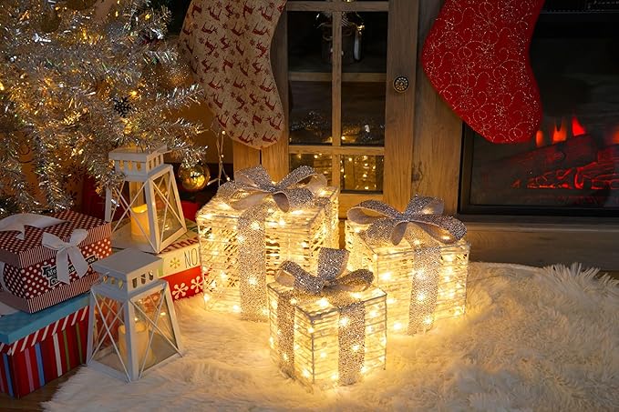 Set of 3 Christmas Lighted Gift Boxes, Plug-in 140 LED Light Up Present Boxes for Christmas Decorations Indoor Home Porch Wedding Holiday Birthday Party (Silver Bow)