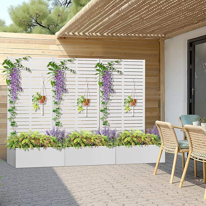 Metal Planter Box with Trellis, Heavy-Duty Raised Garden Bed for Climbing Plants, Drainage Hole, Outdoor Planter Box with Privacy Screen,35''L×16''W×71''H