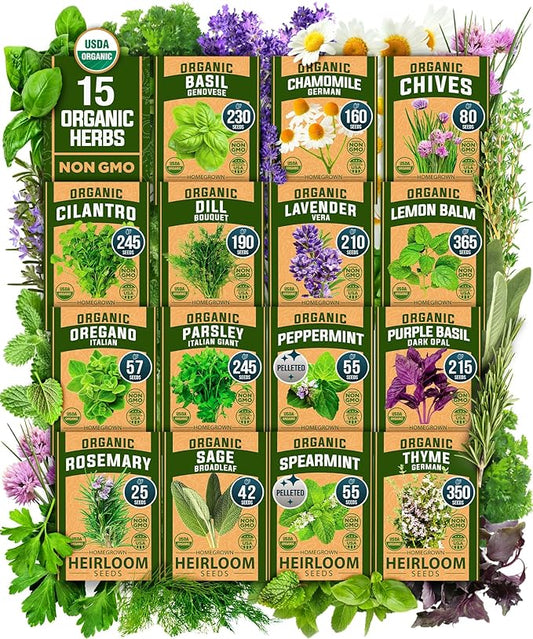 HOME GROWN 15 Organic Herb Seeds Variety Pack 2,500+ Non GMO, High-Germinating, Heirloom Seeds for Planting Indoor or Outdoor Herb Garden, Hydroponics Garden Seeds, Basil, Cilantro & More