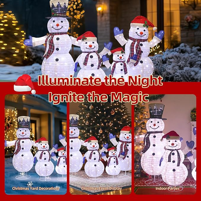 4-Piece 3D Lighted Snowman Family Set Outdoor Christmas Decorations Weather-Resistant Christmas Collapsible Snowmen Yard Decor for Yard Patio with LED Lights & Stakes