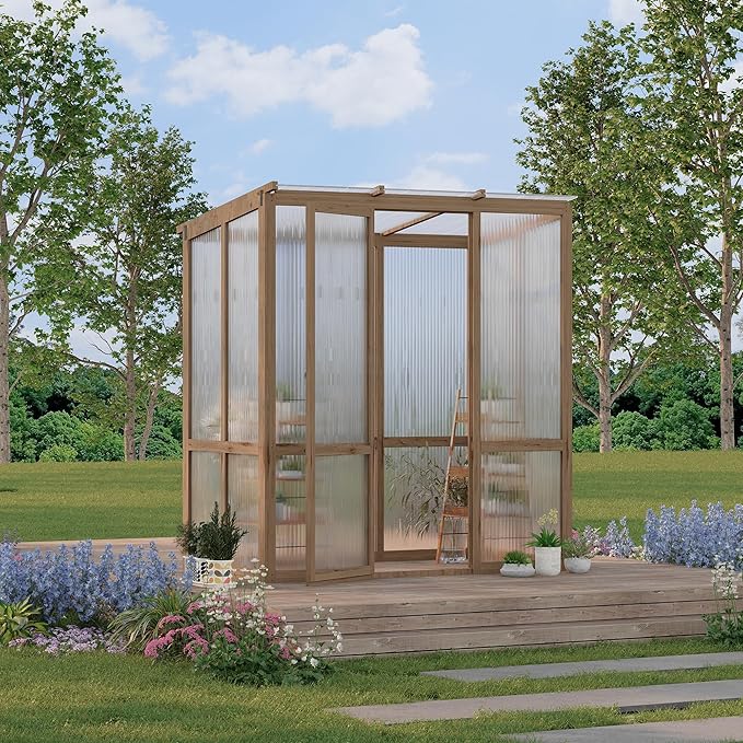 4x6FT Wooden Greenhouse with Cedar Frame, Outdoor Wood Greenhouses with Roof Vent, Wood and Polycarbonate Walk-in Greenhouse