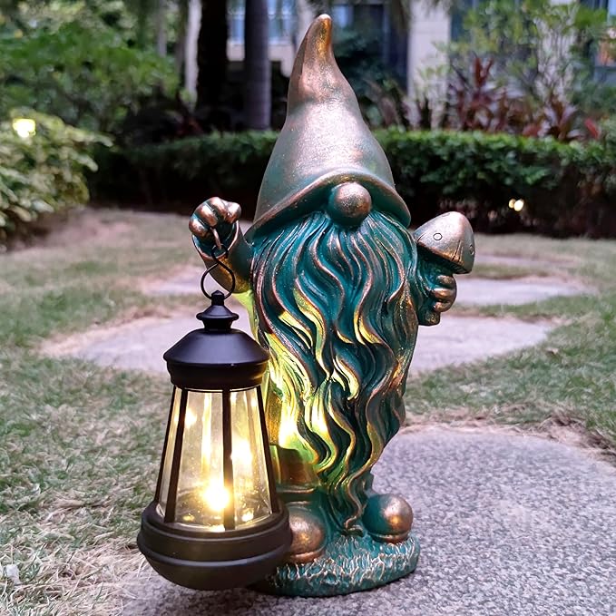 Gnomes Garden Statue Outdoor Décor with Solar Lights Lantern,Gnome Solar Light Figurines Outside Decorations for Yard,Lawn Patio, Balcony, Unique Housewarming Gifts