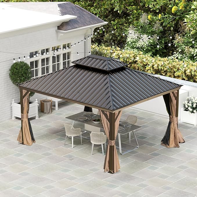 Domi 10'x14' Hardtop Gazebo withGutters, Outdoor Aluminum Frame Canopywith Galvanized Steel Double Roof,Outdoor Permanent Metal Pavilion withCurtains and Netting for Patio, Backyardand Lawn Brown