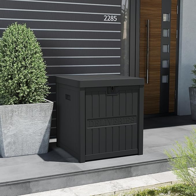 51 Gallon Resin Delivery Box for Outside, Lockable Secure Package Bin for Front Porch, Large Deck Boxes Outdoor Waterproof, Delivery Driver Snack Box for Porch, Black