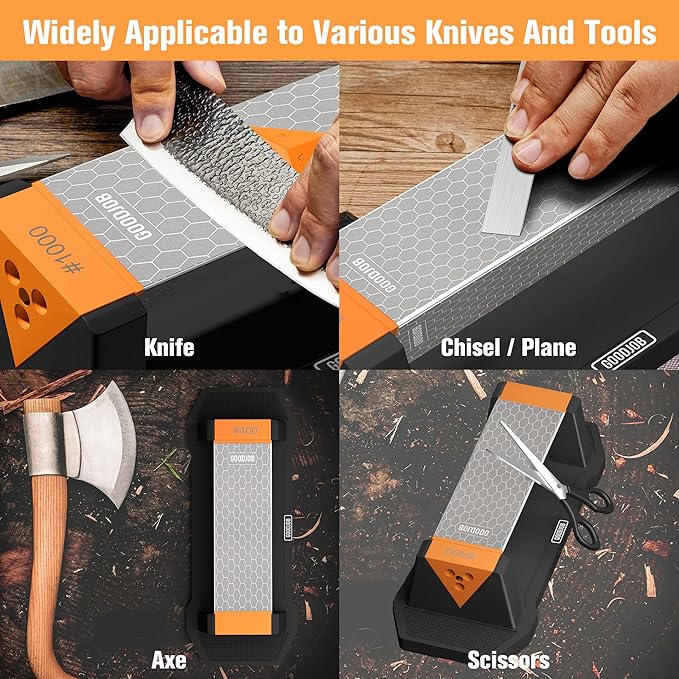 Extra Large Diamond Sharpening Stone Set 3 Side Grit 400/600/1000 Premium Industrial Diamond Knife Sharpener Suitable for Steel of any Hardness with Angle Guide and Non-Slip Base (GB-3DL)