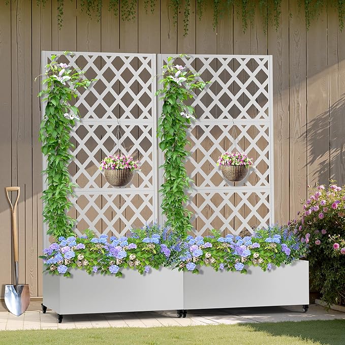 Metal Planter Box with Trellis, Heavy-Duty Raised Garden Bed for Climbing Plants, Drainage Hole, Outdoor Planter Box with Privacy Screen,35''L×16''W×71''H