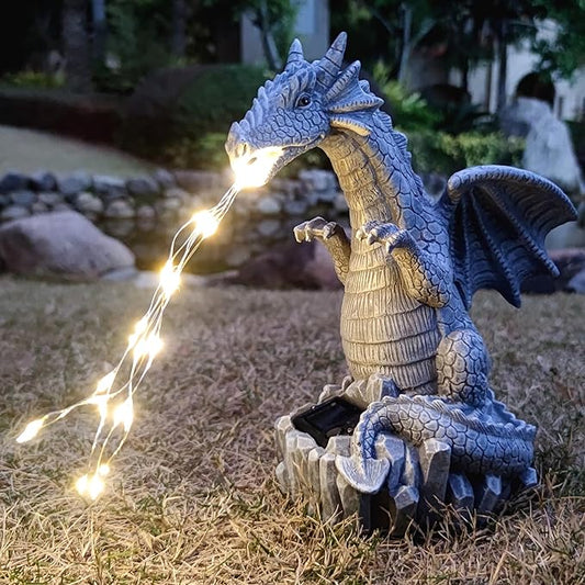 Solar Dragon Garden Statues Outdoor Lights Watering Decor, Resin Dragon Figurine with 30 LED String Lights Lawn Patio Balcony Art Decoration,Housewarming, Birthday,Mothers Day Mom Gifts