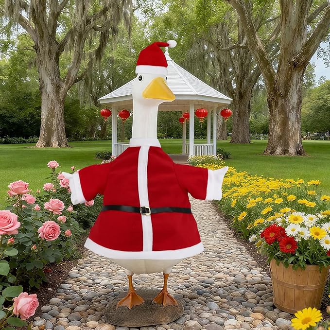 Porch Goose Outfits Christmas, Funny Silly Porch Goose Statue Accessories with Clothes Hat, Yard Lawn Goose Christmas Outfits Clothes for 23" Concrete Porch Geese Xmas Decorations (Red)
