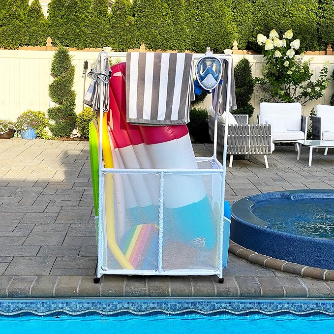 Essentially Yours Pool Equipment Holder with Towel Drying Bars, Mesh Rolling Pool Storage Organizer Bin, Extra Large with Towel Hanger, (34.5" W x 25" L x 62.6" H), White Style 418566