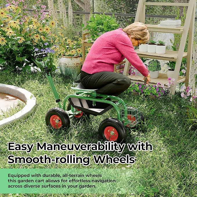 Garden Rolling Stool with Wheels – Outdoor Garden Chair for Patio and Lawn - 360° Swivel Seat Gardening Cart with Tool Tray & Steering Handle for Easy Planting and Yard Work