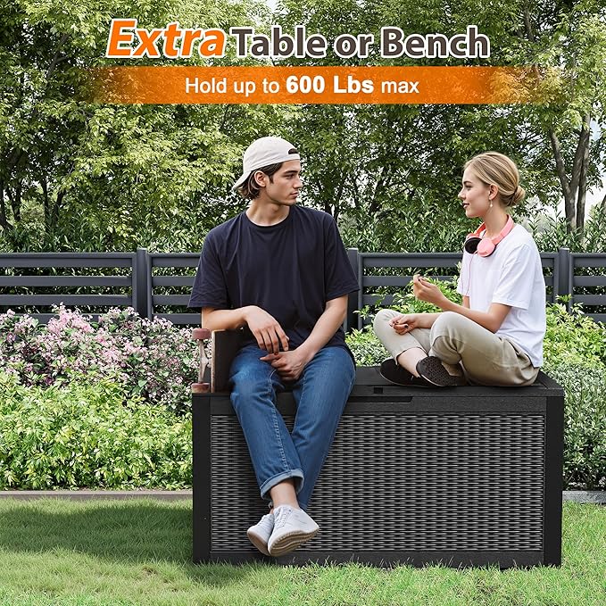 LHBcraft 100 Gallon Outdoor Storage Box Waterproof, Lockable Patio Storage Boxes Outdoor Waterproof for Furniture, Resin Deck Box Doubles as 2-Person Bench Seat, Gardening Tools, Black