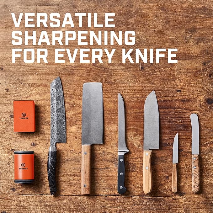 TUMBLER Pro Rolling Knife Sharpener™ - Knife Sharpening Made Easy - Rolling Knife Sharpening Kit with Removable Disc System - Includes 4-Layer Diamond Sharpening Disc & EdgeBoost Ceramic Disc (Orange)