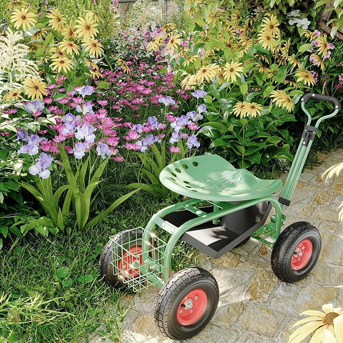 Garden Rolling Stool with Wheels – Outdoor Garden Chair for Patio and Lawn - 360° Swivel Seat Gardening Cart with Tool Tray & Steering Handle for Easy Planting and Yard Work