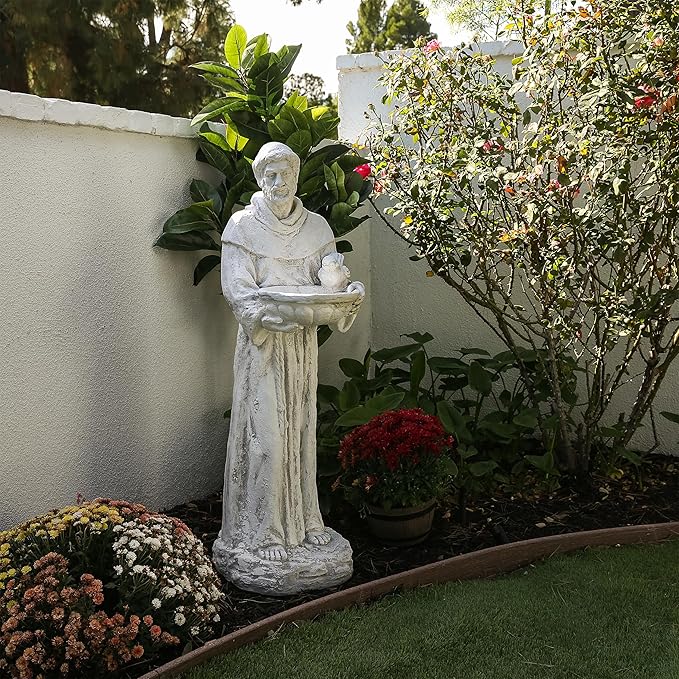 Alpine Corporation 45" Tall Outdoor Saint Francis Birdbath Statue Yard Art Decoration, Light Gray