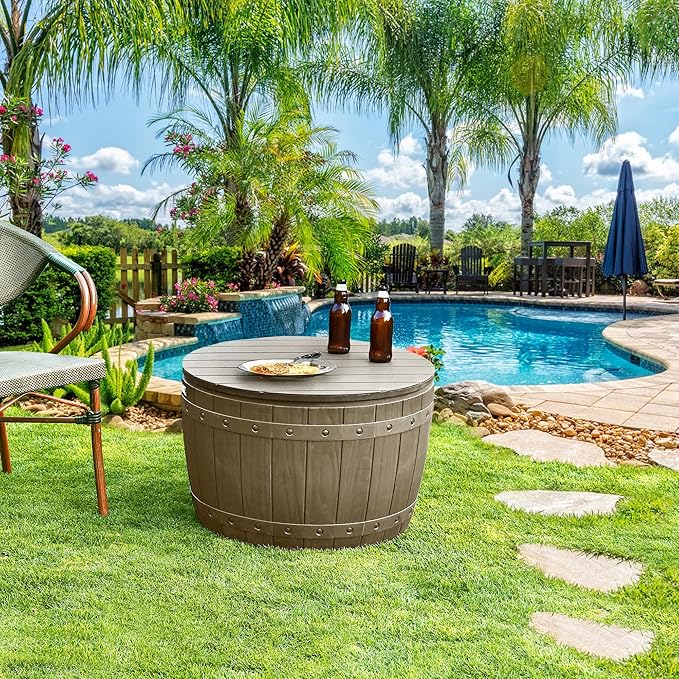 YITAHOME 33 Gallon Round Deck Box, Outdoor Storage Box for Patio Furniture,Patio Table for Cushion, Pool Accessories, Waterproof Resin & Easy Assembly & Lightweight, Light Brown