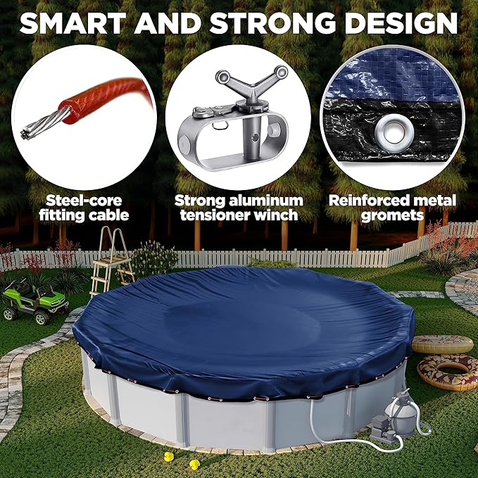 28 ft Round Pool Cover for Above Ground Pools, Above Ground Pool Cover, Swimming Pool Cover, Winter Pool Cover, Keeps Out Debris, Cold and UV Resistant, Supreme Mesh, Navy Blue