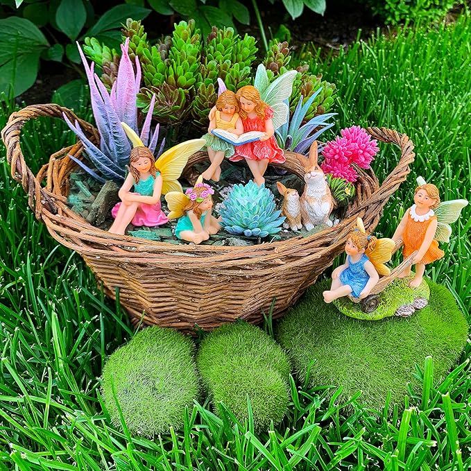 Mood Lab Fairy Garden - Miniature Family Kit Figurines & Accessories - Fairies Statue Set of 6 pcs - Outdoor or House Decor