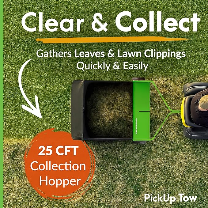 Pickup Tow 42-Inch Lawn Sweeper – Tow-Behind Leaf Collector for Ride-On Mowers – Adjustable Brush Height – Large Grass Catcher Hopper – Garden Debris Sweeper Attachment
