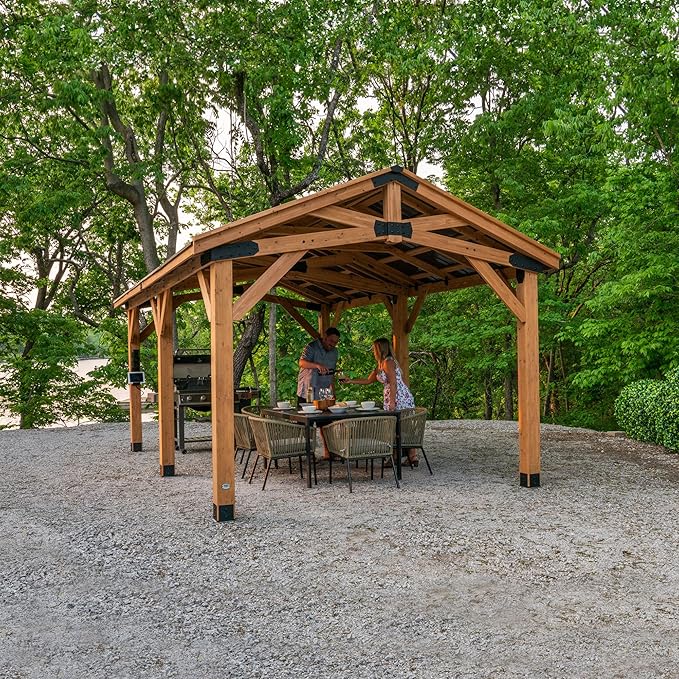 Backyard Discovery Norwood 24' x 12' Cedar Wood Outdoor Gazebo Pavilion with Hardtop Galvanized Steel Peak Roof, Snow Support, Wind Resistance, PowerPort, Shade for Garden, Patio, Deck, Entertaining