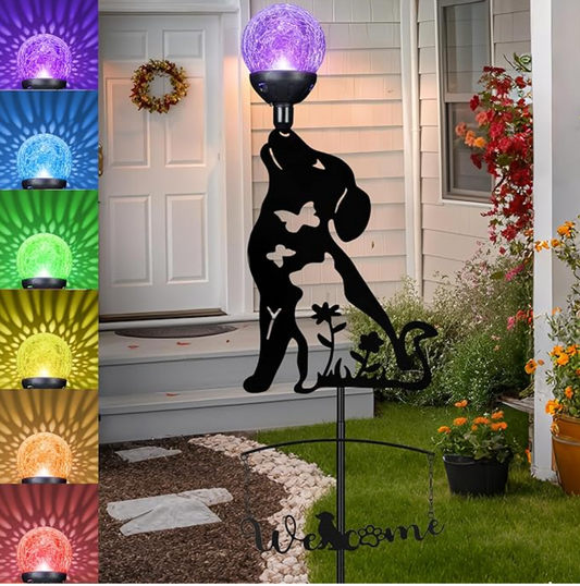 A Loyal Glow: Solar Outdoor Garden Stakes with Crystal Ball Light (Black Dog Statue)